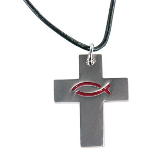Halskette: Baumwollband Kreuz mit Ichthys-Fisch
