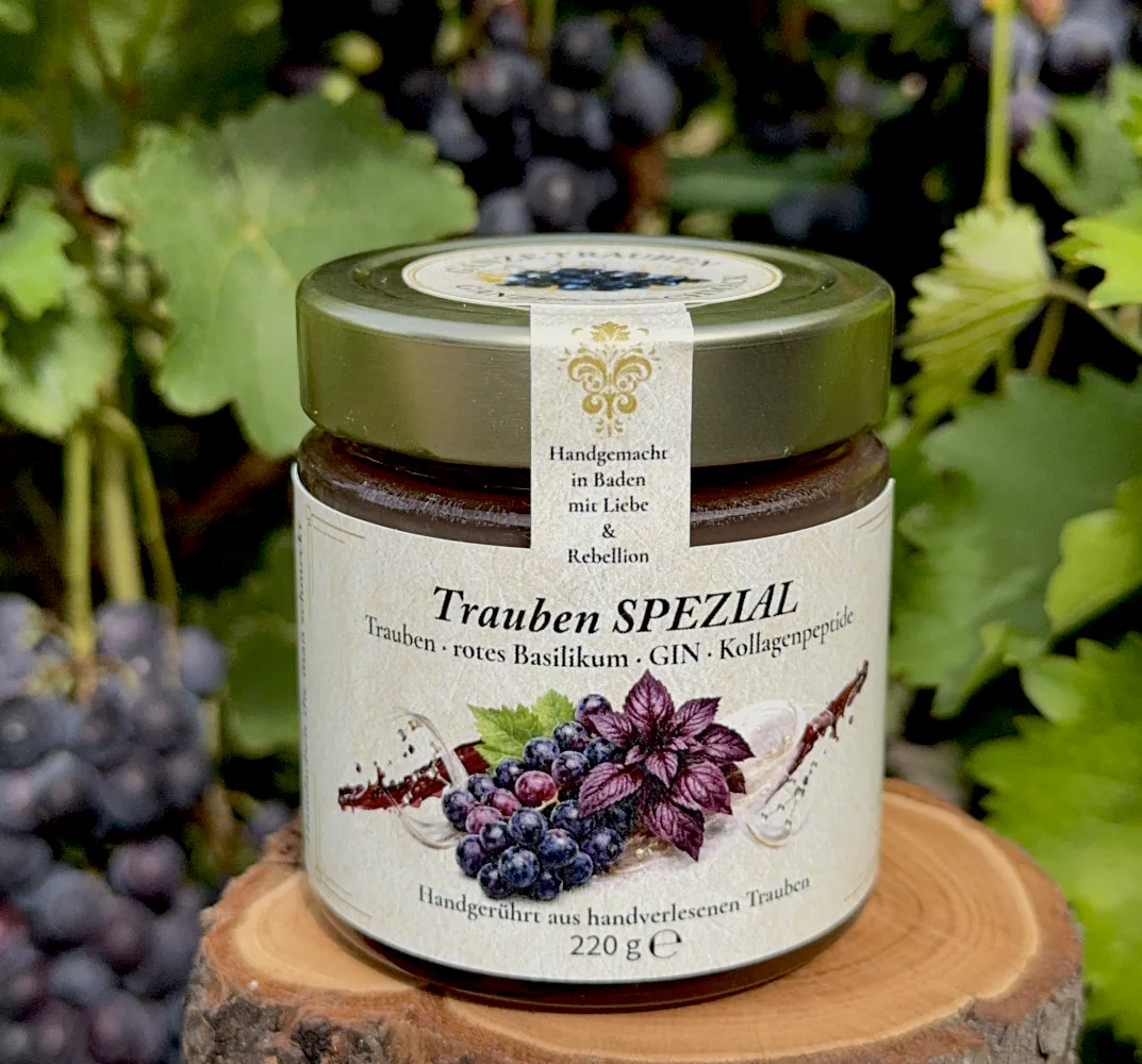 -NEU- Trauben SPEZIAL – Fruchtaufstrich der besonderen Art mit Gin & rotem Basilikum – 220g